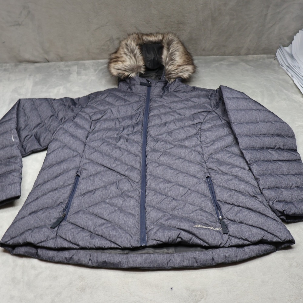 Eddie Bauer Down Jacket Women 1X Gray Slate Mountain Insulated Hooded Puffer NEW